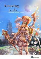  6+girls arched_crown blonde_hair blue_eyes card castle chalice chibi commentary_request cover cover_page crown cup earrings floating_card flower gem gloves jewelry long_hair looking_at_viewer midriff mini_person minigirl multiple_girls necklace open_mouth original oversized_crown photoshop_(medium) planet playing_card red_crown scepter shaonav sky standing thighhighs umbrella 