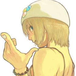  badge bare_shoulders blonde_hair blue_eyes bracelet button_badge character_request copyright_request female foreshortening hands hat jewelry looking_back pointing profile short_hair shu-mai simple_background solo upper_body 