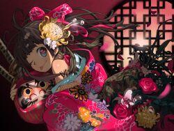  +_+ ;p bad_id bad_pixiv_id black_hair blue_eyes bow commentary_request daruma_doll female floral_print flower hair_flower hair_ornament hair_stick hairbow haku_(sabosoda) holding japanese_clothes katana kimono long_hair looking_at_viewer off_shoulder one_eye_closed original painttool_sai_(medium) petals red_flower red_rose rose solo sword symbol-shaped_pupils tattoo tongue tongue_out weapon 