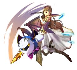  1boy bad_id bad_pixiv_id blue_eyes brown_hair dress female galaxia_(sword) gloves kirby_(series) long_hair mask meta_knight pointy_ears princess_zelda simple_background super_smash_bros. sword the_legend_of_zelda the_legend_of_zelda:_twilight_princess weapon white_background wings yellow_eyes yuki_(popopo) 