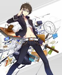  1boy adjusting_eyewear amagai_tarou androgynous bag bandages belt blazer blue_eyes book brown_hair calculator cellphone chest_sarashi clock commentary_request cuffs desk glasses handcuffs highres ito-en jacket katana male_focus midriff navel notebook open_clothes open_jacket original pen phone sarashi school_desk solo sword weapon 