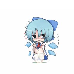  bloomers blue_dress blue_eyes blue_hair blush bow chibi cirno clothes_lift commentary_request dekasudachin dress dress_lift female hairbow oerba_yun_fang open_mouth peeing peeing_self short_hair solo tears touhou underwear urine wings 