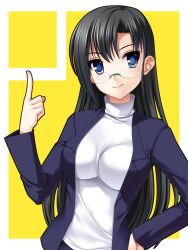  bad_id bad_pixiv_id black_hair blue_eyes blue_jacket breasts female glasses hand_on_own_hip jacket large_breasts long_hair long_sleeves looking_at_viewer photoshop_(medium) pointing rikunabi_next rikunabi_next_miho-san rimless_eyewear round_eyewear shirt simple_background smile solo straight_hair totokichi turtleneck upper_body very_long_hair white_shirt 