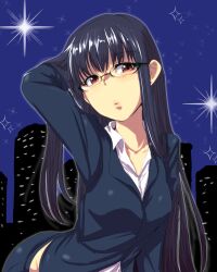  :o arm_up black_hair clearite commentary earrings female formal glasses jewelry leaning_forward lips long_hair night night_sky red_eyes rikunabi_next rikunabi_next_miho-san sky solo suit 