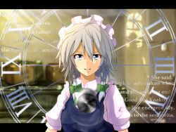  blue_eyes braid bullet clock commentary_request english_text engrish_text female grey_hair hair_ribbon izayoi_sakuya letterboxed maid maid_headdress pandora-ex ranguage ribbon smile solo touhou twin_braids 