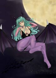  absurdres animal_print aqua_hair bad_id bad_pixiv_id bare_shoulders bat_(animal) bat_print bat_wings black_leotard breasts bridal_gauntlets city_lights cityscape cleavage clothing_cutout collarbone covered_nipples cutout_above_navel demon_girl feet female floating_hair flying foot_focus foreshortening frilled_gloves frills from_above full_body full_moon gloves grin hand_in_own_hair hand_on_own_chest hands_up head_tilt head_wings heart_cutout highleg highleg_leotard highres irohara large_breasts legs leotard long_hair looking_at_viewer low_wings moon morrigan_aensland night night_sky no_shoes outdoors pantyhose print_pantyhose purple_pantyhose purple_wings sideboob sky smile soles solo spaghetti_strap straight_hair strap_gap teeth thick_thighs thighs toes vampire_(game) very_long_hair wide_hips wings yellow_eyes 