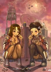  2girls black_legwear blue_eyes blush brown_hair cake chocolate commentary_request eating fish food hat jewelry multiple_girls necklace original panties pantyshot photoshop_(medium) ring shaonav shoes sky sneakers squatting thighhighs tricorne underwear 