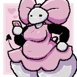  2024 accessory aliasing anthro big_bow big_breasts binary_drawing black_sleeves black_tail blush bow_ribbon breasts clothed clothed_anthro clothed_female clothing digital_drawing_(artwork) digital_media_(artwork) dress eocvevo eyelashes female food fur glistening_thighs hair_accessory hair_ribbon hairbow hand_on_hip hand_on_own_hip hi_res holding_food holding_object huge_thighs mammal mouse mozelle murid murine navel_outline overweight overweight_anthro overweight_female pink_blush pink_bow pink_clothing pink_dress pink_hair_bow pink_heart pop-tarts regretevator ribbons roblox rodent shaded solo spade_tail tail thick_thighs white_body white_fur wide_hipped_anthro wide_hipped_female wide_hips 