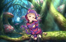  alice_in_wonderland animal_hood artist_request badge belt blonde_hair button_badge cat_hood cat_tail cheshire_cat_(alice_in_wonderland) cheshire_cat_(alice_in_wonderland)_(cosplay) cosplay earrings female forest garter_straps grin heart heart_earrings hood hoodie idolmaster idolmaster_cinderella_girls jewelry looking_at_viewer mushroom nature official_art orange_eyes paw_pose pixie_cut plant safety_pin senzaki_ema short_hair shorts sitting smile solo star_(symbol) striped_clothes striped_hoodie tail thighhighs tree two-tone_hoodie very_short_hair vines zipper 