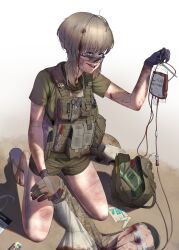  1boy absurdres bandages bandages_over_eyes blonde_hair blood blood_bag blood_on_face crying dirty female first_aid gloves green_shirt hand_grab highres injury kneeling load_bearing_vest military_combat_uniform original puto_trash sandals scissors shirt shorts soldier sunglasses t-shirt textless_version 