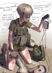  1boy absurdres bandages bandages_over_eyes blonde_hair blood blood_bag blood_on_face crying dirty english_text female first_aid gloves green_shirt hand_grab highres injury kneeling load_bearing_vest military_combat_uniform original puto_trash sandals scissors shirt shorts soldier speech_bubble sunglasses t-shirt 