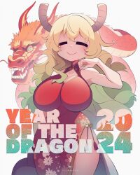  2024 adjusting_hair artist_name bare_arms bare_shoulders blush breasts china_dress chinese_clothes chinese_zodiac closed_eyes closed_mouth commentary cowboy_shot dragon dragon_horns dress eastern_dragon female flipherrrr floral_print gradient_hair green_hair highres horns kobayashi-san_chi_no_maidragon large_breasts lucoa_(maidragon) multicolored_hair red_dress side_slit simple_background smile solo standing white_background year_of_the_dragon 