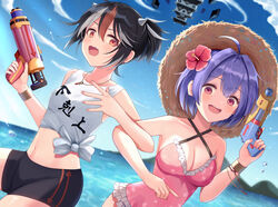  2girls ahoge bad_id bad_pixiv_id bare_shoulders bike_shorts black_hair bracelet breasts cleavage cloud collarbone cone_horns criss-cross_halter earrings flower frills grey_horns hair_between_eyes hair_flower hair_ornament halterneck hat hibiscus highres horns jewelry kijin_seija locked_arms looking_at_viewer medium_breasts midriff mountain multicolored_hair multiple_girls navel necklace one-piece_swimsuit open_mouth outdoors pink_one-piece_swimsuit purple_eyes purple_hair red_eyes red_hair shining_needle_castle shirt short_hair sky small_breasts small_horns smile streaked_hair sukuna_shinmyoumaru sun_hat suzugahama swimsuit tank_top tied_shirt touhou water water_gun white_hair white_tank_top 