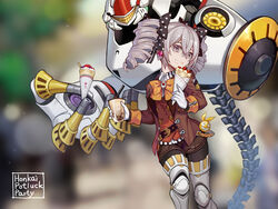  blurry blurry_background bow bowtie bronya_zaychik bronya_zaychik_(wolf&#039;s_dawn) brown_jacket crepe cup drill_hair drinking_straw earrings eating female food food_on_face gloves grey_eyes grey_hair hair_between_eyes hairbow highres holding holding_cup holding_food homu_(honkai_impact) honkai_(series) honkai_impact_3rd jacket jewelry long_sleeves looking_at_viewer milk_tea open_clothes open_jacket orange_bow orange_bowtie project_bunny sin_(btc86amme) solo twin_drills white_gloves 