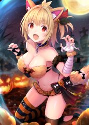  :d animal_ears antenna_hair armpits bandaged_arm bandages bare_shoulders bikini black_bikini black_thighhighs blonde_hair breasts chains claw_pose cleavage collar collarbone commentary_request female fox_ears fox_tail full_moon halloween hands_up highres jack-o&#039;-lantern large_breasts looking_at_viewer microskirt moon navel night oerba_yun_fang open_mouth original pumpkin red_eyes see-through short_hair skirt smile solo stomach striped_clothes striped_thighhighs swimsuit tail thighhighs torn_clothes torn_thighhighs u_rin v-shaped_eyebrows 