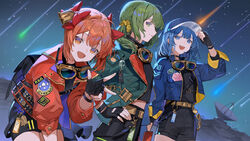  3girls :d absurdres backpack bad_id bad_pixiv_id bag bell bellko_(rbb) belt black_bag black_choker black_gloves black_shorts blue_eyes blue_hair blue_jacket bow choker chyoel fingerless_gloves gloves goggles goggles_around_neck green_eyes green_hair green_jacket hair_bell hair_ornament hairbow hamko_(rbb) hand_on_headwear hand_up highres jacket ketsuko_(rbb) leaning_forward looking_at_viewer medium_hair multiple_girls night night_sky oerba_yun_fang open_clothes open_jacket open_mouth orange_eyes orange_hair orange_jacket outdoors rainybluebell red_bow shooting_star short_shorts shorts sky smile w wristband yellow_belt 