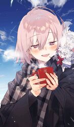  :d blush cloud coffee_mug craft_essence_(fate) creature creature_on_shoulder cup fate/grand_order fate_(series) female fou_(fate) hair_between_eyes half-closed_eyes holding looking_at_another mash_kyrielight mash_kyrielight_(chaldea_teatime) mug noco_(adamas) official_alternate_costume official_art on_shoulder open_mouth plaid plaid_scarf purple_eyes purple_hair scarf short_hair sky smile upper_body 