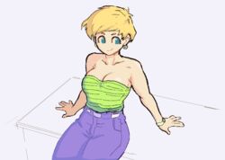  aqua_eyes bare_shoulders belt blonde_hair breasts cleavage commentary cowboy_shot dragon_ball dragon_ball_z earrings erasa_(dragon_ball) female green_shirt jewelry no_nose pants purple_pants shirt short_hair solo strapless topium tube_top watch wristwatch 