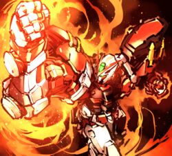  burning clenched_hands fire glowing glowing_eyes green_eyes gundam gundam_astray_red_frame gundam_seed gundam_seed_astray highres ishiyumi mecha no_humans robot solo 