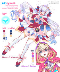  1boy ahoge axia-chan blonde_hair blue_eyes color_guide english_text female fingerless_gloves frills gloves grey_hair hair_ornament highres hood hoodie leopold_(symphogear) long_hair magical_boy magical_girl open_mouth purple_eyes red_footwear red_gloves red_hoodie red_ribbon ribbon senki_zesshou_symphogear senki_zesshou_symphogear_xd_unlimited short_sleeves teeth thighhighs twintails upper_teeth_only white_background white_thighhighs yukine_chris 