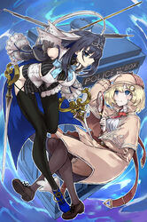  2girls asymmetrical_clothes black_gloves black_thighhighs blonde_hair blue_cape blue_eyes blue_hair blue_ribbon bow bow_earrings breasts brown_headwear cabbie_hat cape chain_headband chains cleavage_cutout clothing_cutout coat detached_sleeves detective doctor_who dual_wielding earrings gloves hair_intakes hair_ornament halo haraya_manawari hat headband heart-shaped_gem high_heels highres holding hololive hololive_english jewelry large_breasts magnifying_glass mechanical_halo medium_breasts micro_shorts miniskirt multiple_girls ouro_kronii ouro_kronii_(1st_costume) police_box ribbon ribbon_earrings sailor_collar shirt short_hair shorts skirt sleeveless sleeveless_shirt sweater tardis thighhighs time_machine trench_coat turtleneck turtleneck_sweater underboob veil virtual_youtuber watson_amelia watson_amelia_(1st_costume) weapon zipper 