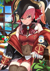  absurdres arrow_through_heart bicorne bird bird_on_hand black_coat black_hat blush breasts brown_thighhighs buttons cleavage coat commentary commentary_typo covered_navel cropped_jacket crossed_bangs female gold_trim hat heterochromia high_ponytail highres holding hololive houshou_marine houshou_marine_(1st_costume) jacket leotard leotard_under_clothes long_hair looking_at_viewer medium_breasts miniskirt off_shoulder open_mouth pirate pirate_hat pleated_skirt red_eyes red_hair red_jacket red_skirt see-through see-through_cleavage see-through_leotard sitting skirt sleeveless sleeveless_jacket solo spice_mega sweat thighhighs virtual_youtuber yellow_eyes zettai_ryouiki 