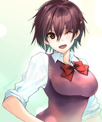  bow bowtie breasts brown_eyes brown_hair commentary_request female large_breasts looking_at_viewer messy_hair one_eye_closed open_mouth red_bow red_bowtie sagara_riri school_uniform shirt short_hair simple_background sleeves_rolled_up solo sounan_desuka? suzumori_asuka sweater_vest twitter_username upper_body white_shirt 