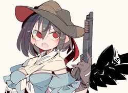  adapted_costume averting_eyes black_hair black_wings blue_shirt breasts brown_gloves brown_hat cowboy_hat feathered_wings female gloves gun hair_between_eyes hand_up hat holding holding_gun holding_weapon kurokoma_saki looking_to_the_side massakasama medium_breasts neckerchief no_pupils open_mouth pump_action red_eyes sawed-off_shotgun shirt shotgun solo teeth touhou trigger_discipline upper_body upper_teeth_only weapon wings 