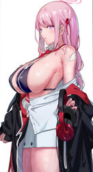  bad_id bad_pixiv_id between_breasts bikini black_bikini blue_archive blush breasts commentary_request eimi_(blue_archive) female haikeiyu halo headphones highres huge_breasts jacket long_hair looking_at_viewer necktie necktie_between_breasts off_shoulder parted_lips pink_hair pink_halo purple_eyes sideboob simple_background skindentation solo swimsuit white_background zipper_pull_tab 