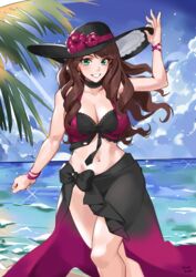  artist_name beach blue_sky breasts brown_hair cleavage cloud commentary day dorothea_arnault dorothea_arnault_(summer) earrings english_commentary female fire_emblem fire_emblem:_three_houses fire_emblem_heroes flower green_eyes hat hat_flower highres jewelry large_breasts long_hair oliver_koito outdoors sky solo swimsuit water 