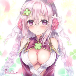  absurdres anne_happy arms_at_sides artist_name blush braid breasts brooch cleavage clover_hair_ornament female flower glasses hair_between_eyes hair_flower hair_ornament highres jewelry kumegawa_botan martinreaction medium_breasts purple_eyes simple_background smile solo twin_braids twintails upper_body white_background white_hair 