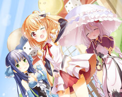  3girls ;d anne_happy black_gloves blue_dress blush braid breasts cleavage closed_eyes commentary_request dress dutch_angle fanning_self fingerless_gloves flower glasses gloves green_eyes hair_bun hair_flower hair_ornament hanakoizumi_an hand_up hibarigaoka_ruri highres holding holding_umbrella ichiyo12 kirara_fantasia kumegawa_botan long_hair medium_breasts multiple_girls one_eye_closed open_mouth orange_hair outdoors parasol red_skirt single_hair_bun skirt smile standing sweatdrop twin_braids umbrella very_long_hair white_dress white_hair 