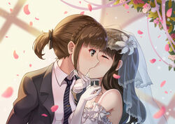  2girls arch braid bridal_veil bride brown_eyes brown_hair closed_eyes commentary_request crown_braid dated dress falling_petals floral_arch flower formal gloves groom hair_flower hair_ornament hand_on_another&#039;s_chin highres inami_anju kissing kohaku_(ambermoe) lily_(flower) long_hair love_live! love_live!_sunshine!! multiple_girls necktie petals rose saitou_shuka short_hair short_ponytail suit tiara veil wedding wedding_dress white_gloves wife_and_wife yuri 