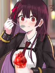  blazer blush breasts closed_mouth collared_shirt commentary_request eating female food girls&#039;_frontline hair_ribbon half_updo ice_cream jacket koenza_botoke large_breasts long_hair long_sleeves looking_at_viewer necktie one_side_up purple_hair red_eyes red_necktie red_ribbon ribbon shirt smile solo spoon surprised upper_body wa2000_(girls&#039;_frontline) white_shirt 