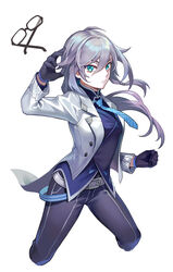  absurdres belt belt_buckle black_gloves black_pants blue_eyes blue_necktie blue_shirt buckle closed_mouth female fu_hua fu_hua_(night_squire) glasses gloves hair_between_eyes highres honkai_(series) honkai_impact_3rd jacket long_hair long_sleeves looking_at_viewer necktie open_clothes open_jacket pants polo_shirt ponytail shirt simple_background sin_(btc86amme) solo v-shaped_eyebrows white_background white_jacket 