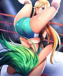  2girls ass blonde_hair boots fighting green_hair kochiya_sanae legs_over_head leotard lights long_hair multiple_girls niwatori_(eck16614) piledriver_(wrestling) rope stage_lights submission_hold tombstone_piledriver_(wrestling) touhou touhou_tag_dream upside-down wrestler wrestling wrestling_outfit wrestling_ring 