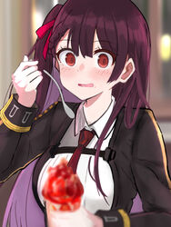  blazer blush breasts collared_shirt commentary_request dropping female food food_on_face girls&#039;_frontline hair_ribbon half_updo ice_cream jacket koenza_botoke large_breasts long_hair long_sleeves looking_at_viewer necktie one_side_up open_mouth purple_hair red_eyes red_necktie red_ribbon ribbon shirt solo spoon surprised upper_body wa2000_(girls&#039;_frontline) white_shirt 