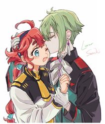  1boy ahoge ascot asticassia_school_uniform black_hairband black_sleeves blush closed_eyes colored_eyelashes earrings elan_ceres female gloves green_hair green_jacket gundam gundam_suisei_no_majo hair_between_eyes hairband hand_in_another&#039;s_hair holding_another&#039;s_wrist jacket jewelry kissing kissing_eye long_sleeves low_ponytail multi-tied_hair one_eye_closed open_mouth red_hair school_uniform short_hair short_hair_with_long_locks shoulder_boards sidelocks single_sidelock straight suletta_mercury suzuki_(2red_moon3) tassel tassel_earrings thick_eyebrows upper_body white_ascot white_background white_gloves white_jacket 