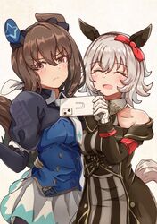  2girls admire_vega_(umamusume) animal_ears autumn_leaves_(tail_fox) beige_background black_dress black_shirt blush bodice bow brown_eyes brown_hair cellphone closed_eyes collared_shirt commentary cowboy_shot curren_chan_(umamusume) dress frown gloves grey_hair hairband hand_on_another&#039;s_hip highres holding holding_phone horse_ears horse_girl horse_tail juliet_sleeves long_sleeves multiple_girls open_mouth phone puffy_sleeves red_bow shirt skirt smartphone smile sweatdrop tail umamusume v-shaped_eyebrows white_gloves white_skirt 