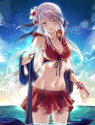  :d absurdres animal_on_shoulder artist_name bad_id bad_twitter_id bare_shoulders bikini bikini_skirt bird bird_on_shoulder blue_scarf blue_sky breasts clear_glass_(mildmild1311) cleavage cloud cloudy_sky collarbone cowboy_shot female fire_emblem fire_emblem:_radiant_dawn fire_emblem_heroes flower front-tie_bikini_top front-tie_top gloves grey_hair groin hair_flower hair_ornament hair_ribbon half_updo highres light_particles long_hair looking_at_viewer medium_breasts micaiah_(fire_emblem) micaiah_(summer)_(fire_emblem) miniskirt navel official_alternate_costume open_mouth outdoors partially_submerged red_bikini red_gloves ribbon scarf signature skirt sky smile solo swimsuit water yellow_eyes yune_(fire_emblem) 