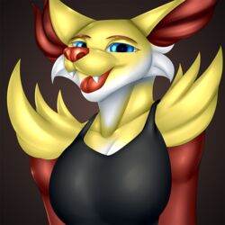  1:1 anthro blue_eyes breasts clothed clothing delphox fangs female fur generation_6_pokemon half-length_portrait hi_res multicolored_body multicolored_fur nintendo open_mouth open_smile pokemon pokemon_(species) portrait red_body red_fur simple_background smile solo teeth tongue tongue_out white_body white_fur yellow_body yellow_fur zi0808 