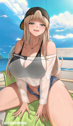  arms_between_legs backwards_hat bandaid bare_shoulders black_hat black_panties blonde_hair blue_eyes blue_shorts blue_sky blush breasts centi_(nikke) centi_(supreme_holiday)_(nikke) cleavage collarbone commission female goddess_of_victory:_nikke hat highres large_breasts long_hair long_sleeves looking_at_viewer midriff navel off-shoulder_shirt off_shoulder official_alternate_costume open_fly open_mouth outdoors panties panty_peek see-through shirt short_shorts shorts sitting sky smile solo spiz teeth thighs twitter_username unbuttoned underwear upper_teeth_only 