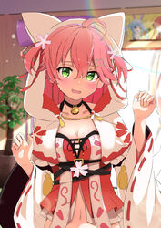  absurdres ahoge bell black_choker blurry blurry_background blush breasts capelet cat_hair_ornament cherry_blossom_print choker commentary female floral_print flower green_eyes hair_between_eyes hair_flower hair_ornament hands_up highres hololive hood hood_up hooded_capelet houshou_marine houshou_marine_(1st_costume) long_sleeves looking_at_viewer medium_breasts medium_hair midriff navel neck_bell open_mouth pink_hair plant red_ribbon ribbon ribbon-trimmed_sleeves ribbon_trim sakura_miko sakura_miko_(work) solo spice_mega two_side_up usada_pekora usada_pekora_(1st_costume) virtual_youtuber white_capelet wide_sleeves 