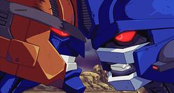  2boys artist_name beast_wars beast_wars:_transformers clenched_teeth close-up derivative_work dinobot_(beast_wars) dmitry_grozov heads_together highres looking_at_another maximal mecha multiple_boys no_humans optimus_primal red_eyes robot screenshot_redraw teeth transformers 