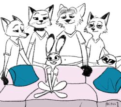  akella anthro canid canine clothed clothing collar crossed_legs disney eyewear fennec_fox finnick_(zootopia) fox furniture gideon_grey group interspecies judy_hopps lagomorph leporid looking_at_viewer mammal meme nick_wilde pillow piper_perri_surrounded predator/prey rabbit red_fox rinehart_nye_(wynn) shirt shock_collar simple_background sitting smile sofa sunglasses t-shirt topwear true_fox white_background zistopia zootopia 