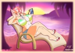  anthro beach beverage big_breasts bikini bikini_top bottomwear breasts bubble_tea canid canine canis clothing cutoffs daisy_dukes denim denim_bottomwear denim_clothing domestic_dog electronics eyewear female glasses heart_glasses hotpants mammal phone reclining_chair seaside shorts solo swimwear toxi_de_vyne_(artist) 