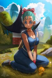  :o absurdres aqua_hair blue_eyes blue_sky bow braid braided_ponytail breasts bulma_briefs cleavage cloud cosplay dougi dragon_ball dragon_ball_(classic) dragon_ball_(object) elite_nappa female grass hairbow highres house looking_at_viewer outdoors own_hands_together scenery seiza sitting sky solo son_goku son_goku_(cosplay) 