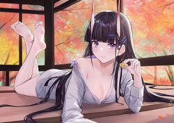  autumn azur_lane barefoot black_hair blunt_bangs breasts cleavage closed_mouth commentary_request crossed_ankles feet female full_body grey_shirt hair_ornament hairclip highres horns lim_(ramu) long_hair long_sleeves looking_at_viewer lying manjuu_(azur_lane) medium_breasts noshiro_(azur_lane) noshiro_(cozy_enclave)_(azur_lane) off_shoulder official_alternate_costume on_stomach oni_horns purple_eyes shirt soles solo the_pose toes very_long_hair 