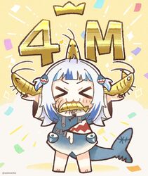  &gt;_&lt; &gt;_o :3 blue_hair blunt_bangs blush_stickers chibi closed_eyes commentary confetti crown facing_viewer female fins fish_tail gawr_gura gawr_gura_(1st_costume) grey_hair hair_ornament highres hololive hololive_english long_hair milestone_celebration mouth_hold multicolored_hair one_eye_closed same_anko shark_tail shrimp solo streaked_hair tail two-tone_hair two_side_up virtual_youtuber x3 