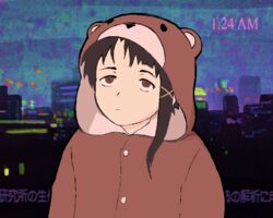  animal_costume asymmetrical_hair bear_costume brown_eyes brown_hair city closed_mouth commentary cosplay english_commentary expressionless female glitch hair_ornament hairclip iwakura_lain kigurumi serial_experiments_lain single_sidelock solo topium upper_body x_hair_ornament 